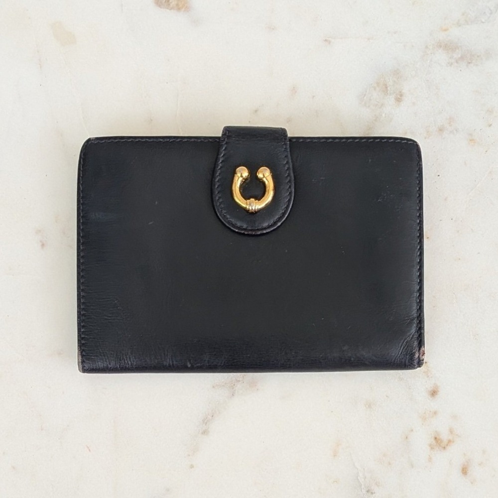 Vintage Gucci Navy Black Leather Bifold Wallet Gold Horseshoe Kiss Lock Italy